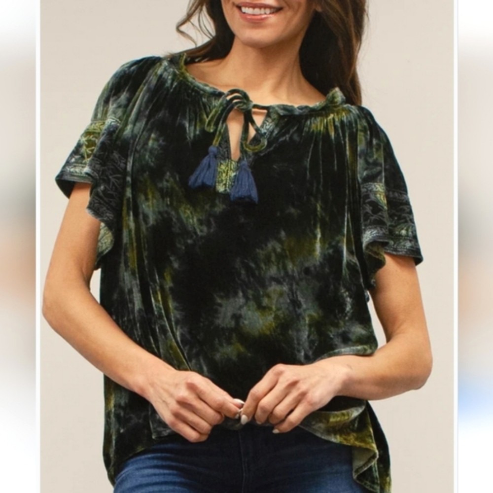NWT Kyla Seo Blouse Crushed Velvet Green Sz S Boho Embroidered Whimsigoth Fairy - Picture 2 of 16